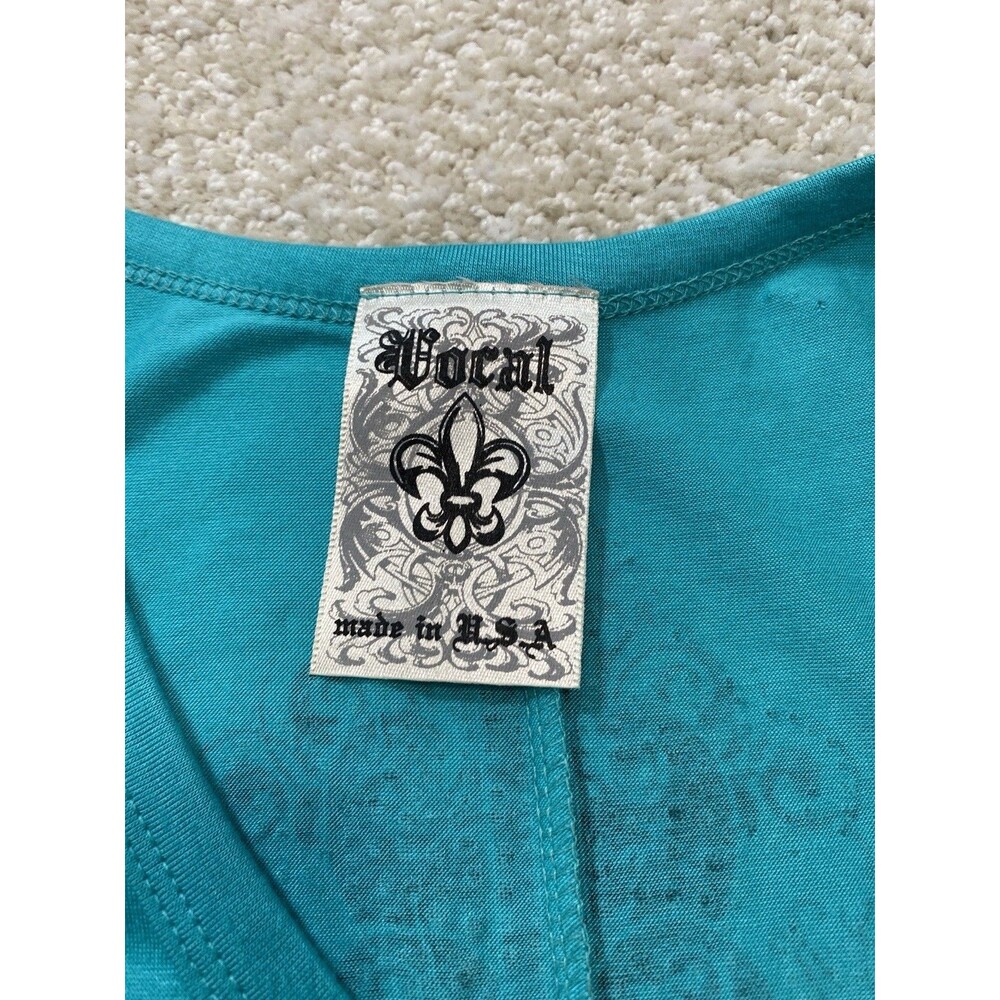 Y2K Vocal Turquoise Sleeveless Rhinestone Cross Tunic Top Rayon Spandex Size S - Picture 9 of 15